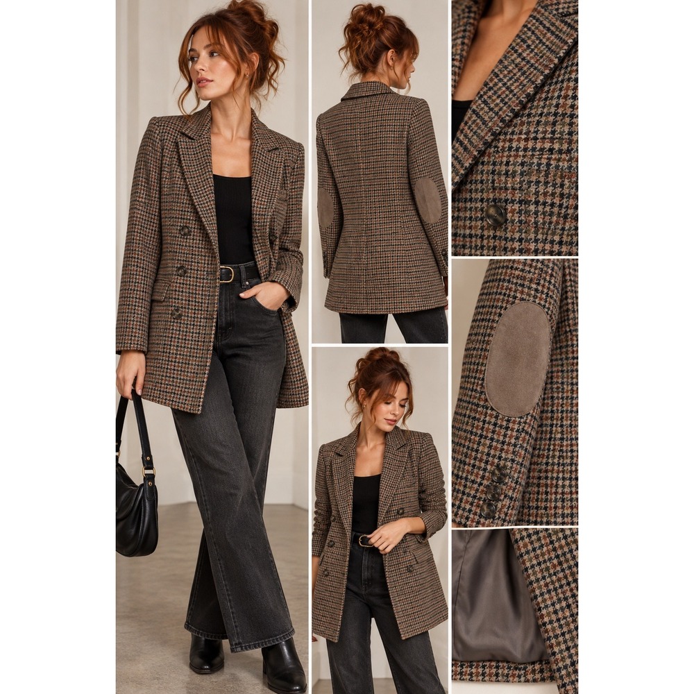 Pull&Bear Blazer Small Brown Houndstooth Double Breasted Elbow Patch Academia
